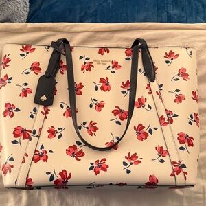 kate spade White Floral Tote with Pink and Navy Accents